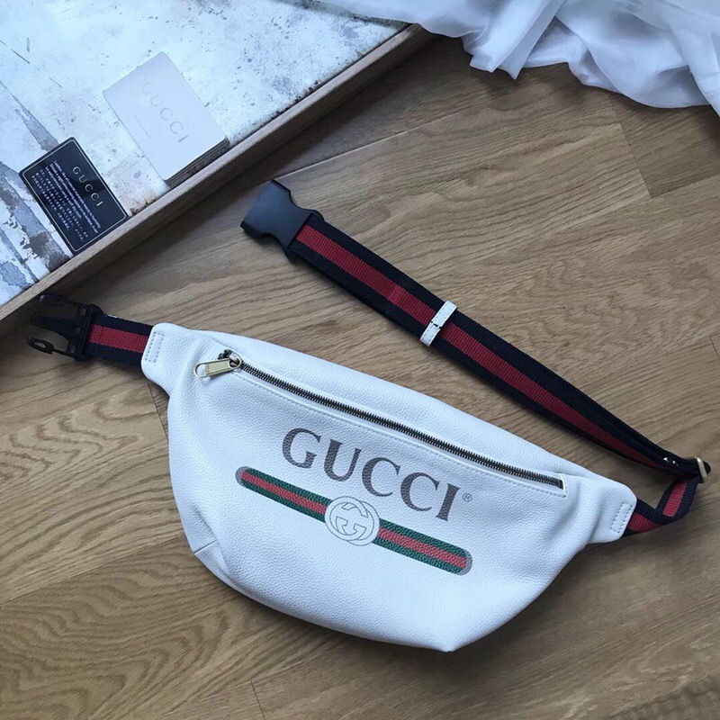 493869 GUCCI 新款大货 进口牛皮 彩印涂鸦 休闲腰包 白色