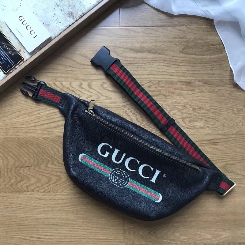 493869 GUCCI 新款大货 进口牛皮 彩印涂鸦 休闲腰包 黑色
