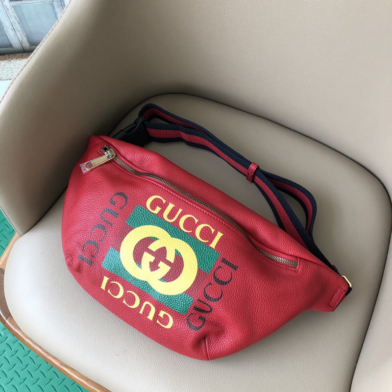 493869 GUCCI 新款大货 进口牛皮 彩印涂鸦 休闲腰包 红色