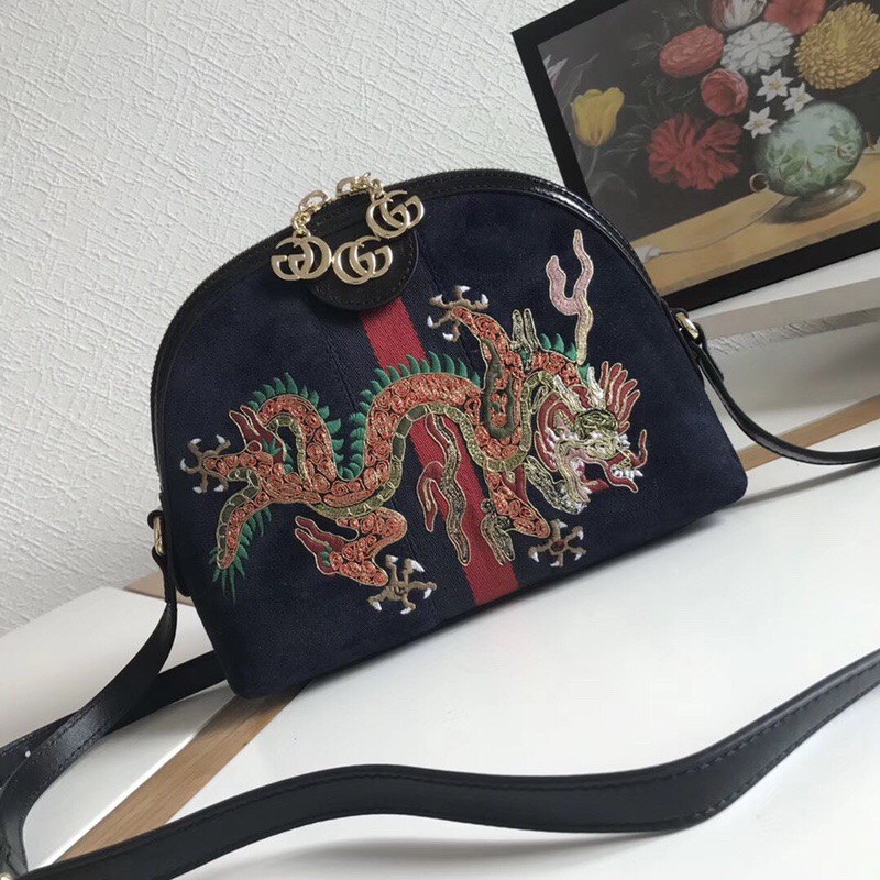 499621 GUCCI GG双拉链 印花图案 织带 贝壳包 天鹅绒刺绣龙