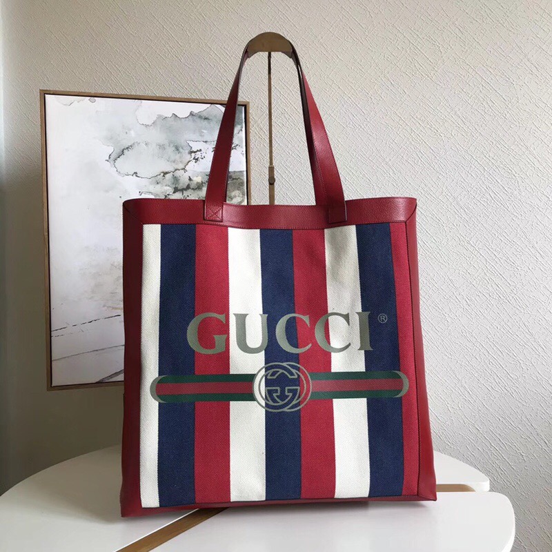 523774GUCCI/古奇2019春季新款女士红色皮革条纹亚麻帆布大号购物包