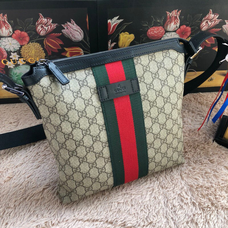 18新款Gucci/古奇男包 标志织带黑色帆布斜挎包387111 KWT7N 1060