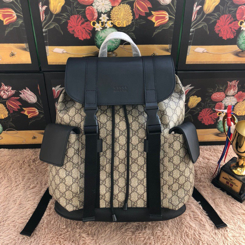 450958 GUCCI GG Supreme柔软高级人造帆布 侧边袋 双肩包 乌木色