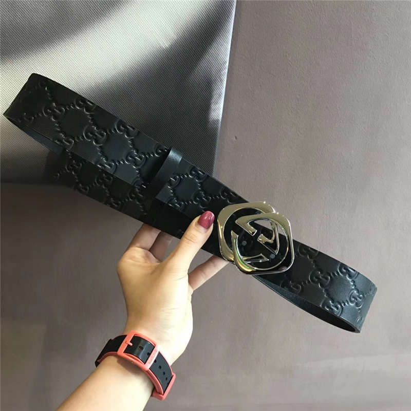 经典款双G 古奇男士皮带 Gucci皮带 Gucci时尚牛皮男士腰带 进口小牛皮 黑色