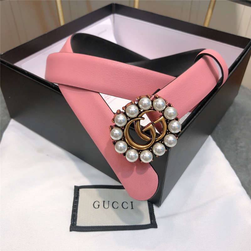 Gucci 模特走秀款 白色珍珠 双G带扣 牛皮皮带腰带