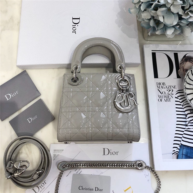  Dior/迪奥 三格漆皮戴妃包亮皮金银链条包 单肩斜挎女包